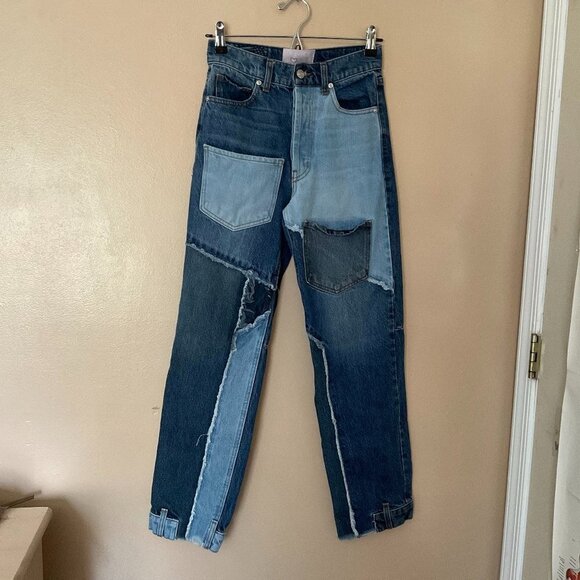 Revice Denim Patchwork Jeans Frayed Hem Straight Leg Size 24 Blue - Picture 2 of 4